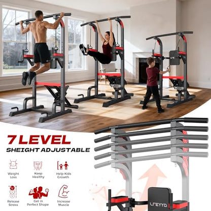 Power Tower Pull Up Bar Free Standing,Multi-Level Adjustable Height Dip Station, Multi-Grip Handles,Backrest,Home Gym Strength Training Equipment with Power Elastic Ropes,Capacity 400LBS