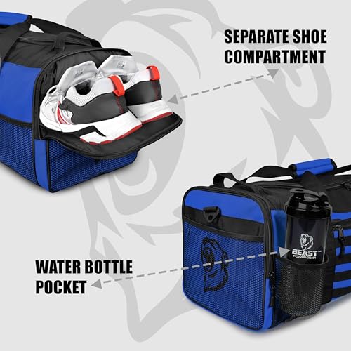 Beast Power Gear Gym Duffle Bag- Workout, Boxing, MMA, Sports Bag with Shoes Compartment and Adjustable Shoulder Strap for Men and Women (Blue/Black) - color: Blue/Black