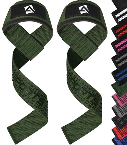 AQF Weight Lifting Straps, Padded Cotton Gym Wrist Straps for Deadlifts | 23" Extra-Long, Heavy-Duty Webbing, 5mm Neoprene Cushioning, Open-Loop Design, Sold as Pair, Ideal for Rows & Pull Workout - color: M/Green Gel Grip