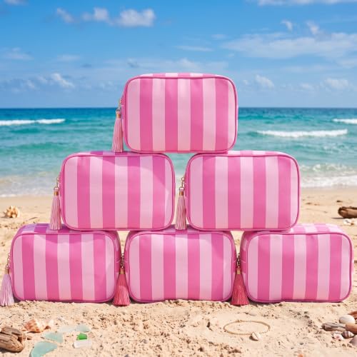 Kacctyen 6 Pack Bright Pink and Candy Pink Striped Makeup Bag bulk with Tassel Travel Cosmetic Pouch Organizer Large Zipper Toiletry Case for Women Aesthetic Storage Pouch Mahjong Tile Bag - color: Bright Pink and Candy Pink