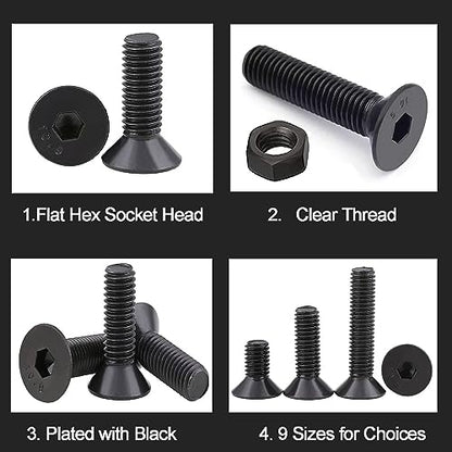 219 Pcs Black Metric M4 M5 M6 Flat Head Socket Cap Screws Countersunk Bolts, Alloy Steel Hex Socket Cap Bolts and Nuts, Allen Socket Drive Screws - size: Black Flat Head