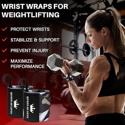 TECEUM Weightlifting 18" & 12" Wrist Wraps with Thumb Loop – Heavy Duty Wrist Workout Braces for Men and Women – Ideal for Powerlifting, Strength Training, Bodybuilding - color: Black Camo, style: 18" – Queen of Lifts