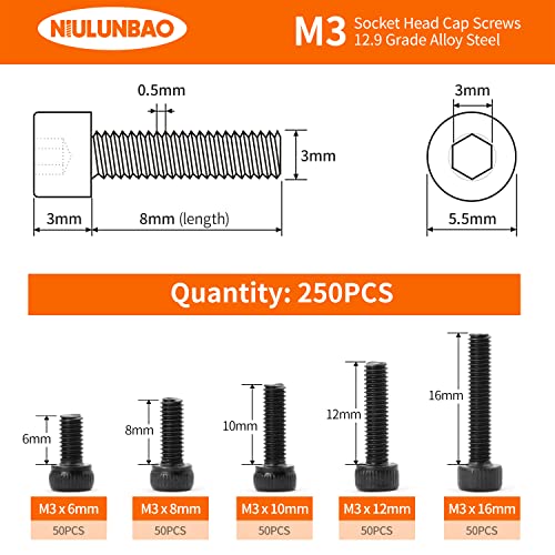 M3 x 6mm 8mm 10mm 12mm 16mm Hex Socket Head Cap Screws Bolts, 12.9 Grade Alloy Steel, Black Oxide Finish, Metric Allen Hex Drive, Machine Fully Threaded, Assortment Kit 250PCS - size: M3 x 6/8/10/12/16mm (250PCS)