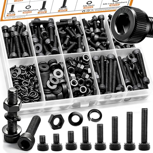 mankk 204PCS M6 Screws Kit M6 x 8/10/12/16/20/25/30/35mm Hex Socket Head Cap Bolts Nuts & Washers Assortment Kit 12.9 Grade Alloy Steel Machine Screws - size: M6, style: Hex Socket Cap