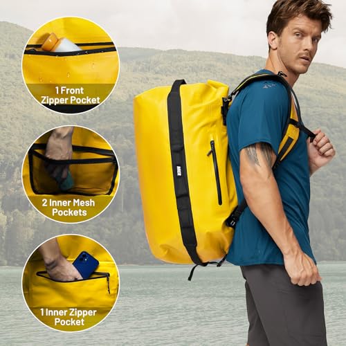 MIER Large Waterproof Duffel Bag - 60L/80L Dry Bag Backpack | Detachable Backpack Straps; Multi-Pockets; Roll-Top with Hook-and-Loop Closure; Motorcycle, Kayaking, Gym, Beach, Boating - color: Yellow, size: 60L