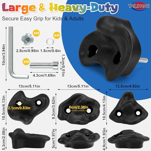 Rock Climbing Holds, 20 Pack Black Wall Climbing Rocks Adult Outdoor Indoor | 3-Shapes Large Wall Climbing Holds Grips, Workout Climb Training Pegs Accessories for Climbing Frames, Tree Houses, Playroom