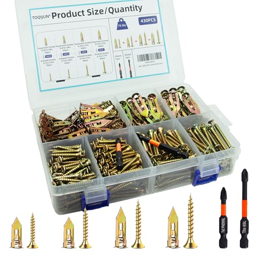 430 PCS Self Drilling Drywall Anchors with Screws Kit,2 Sizes Sheetrock Anchors & 4 Sizes Zinc Expansion Screws with 2 Drill Bits - Zinc-Plated Steel Material - No Drill Required Holds Up to 75LB - size: 430Pcs 4Size kit