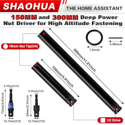 3/4"(19mm) Nut Driver 6" & 12", Deep Nut Runner Hollow Socket with 1/4" Hex Shank Adapter, 1/2" Drive 3/4 Socket for Ceiling Long Threaded Rod Bolts, Ductwork, 2 Lengths for Overhead Fastening - size: A. 3/4(19mm) 6" 12"