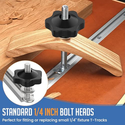 10 Sets 1/4-20 T Track Bolt Knob Kit, T-Track Accessory Includes 1-1/2" & 2" T-Slot Bolts with Washers and Star Knobs for Woodworking Jigs and Fixtures - size: 1/4-20 T Track Knob Kit