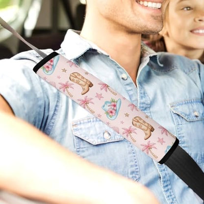 2PCS Pink Coastal Western Cowgirl Boot Hat Palm Trees Seat Belt Cover Breathable Automotive Seat Belt Protector for Adult Use, Most Cars, Pressure Relief - color: Pattern 410