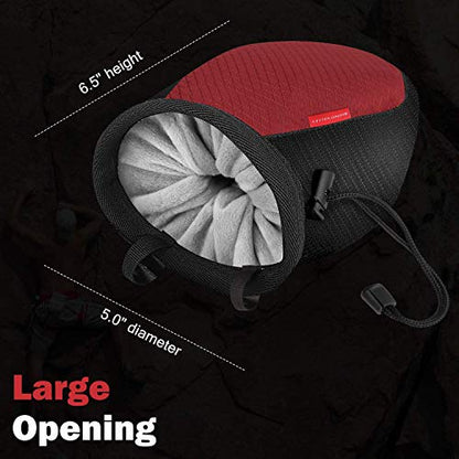 Rhino Valley Climbing Chalk Bag, No Leak Drawstring Chalk Bag with Adjustable Belt, Carabiner Clip and Zippered Pockets Chalk Bag for Rock Climbing, Cross Fit, Weight Lifting & More - color: Black/Red