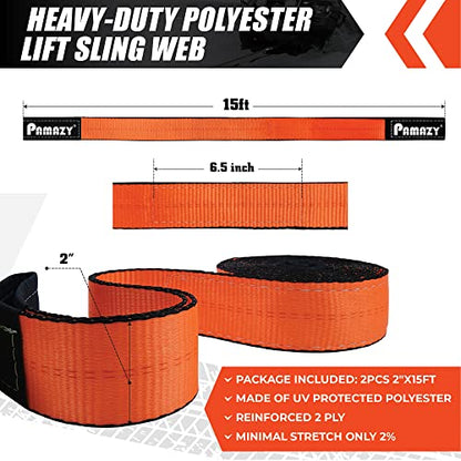 2”x15' Sturdy Lift Sling Strap, 18800lbs Heavy Duty Lifting Web Sling—2 PCS | Eye-Eye Nylon Strap for Hoist, 2-Ply Polyester Rigging Straps, Tree Saver Recovery Straps Web Sling Winch