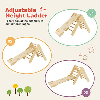 HONEY JOY 5 in 1 Wooden Climbing Toys for Toddlers, Triangle Climber with Ramp for Sliding or Climbing, Indoor Beech Montessori Triangle Climbing Arch Set for Daycare, Gym & Playground, Natural - style: 5 In 1