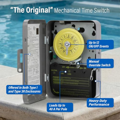 Intermatic T101 24-Hour Mechanical Timer Switch - 120V SPST, Indoor Metal Enclosure, Heavy Duty, Manual Override, 40 Amp - Ideal for Lights, Pumps, Fans, and HVAC Systems - size: 1-Pack