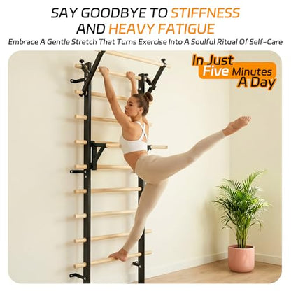 Wood Swedish Ladder Stall Bars with Adjustable Double Support Arms, Wooden Gymnastics Wall Climbing Bars for Home Gym, Exercise Rehabilitation, Hanging Pull Up & Core Balance Training Station