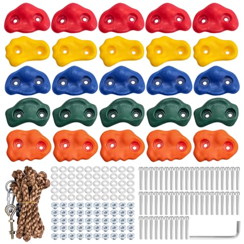 CMOOD Rock Climbing Holds, Rock Climbing Wall for Kids Rock Wall Climbing Kit for Indoor Outdoor Playground Play Set with Mounting Screws, Knotted Rope and 25 Handles