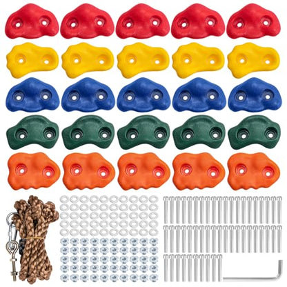 CMOOD Rock Climbing Holds, Rock Climbing Wall for Kids Rock Wall Climbing Kit for Indoor Outdoor Playground Play Set with Mounting Screws, Knotted Rope and 25 Handles