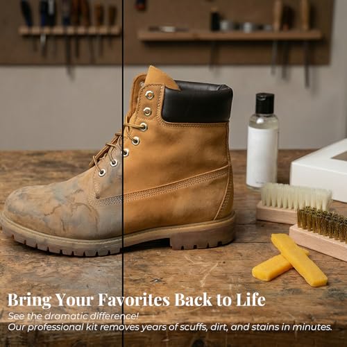 Suede and Nubuck Shoe Cleaner Kit - 4 pcs Shoe Care Set, Brass & Soft Nylon Brushes with 2 Erasers - Premium Dry Cleaning Tools for Boots, Sneakers, Bags - Restores Nap & Removes Scuffs