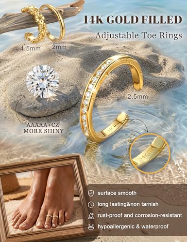 FIASASO 3Pcs Gold Filled Toe Rings for Women Non Tarnish 14K Gold Filled Toe Ring Adjustable Flower Cz Dainty Toe Ring Summer Beach Open Toe Rings Set Toe Jewelry Foot Jewelry - color: 14K GF