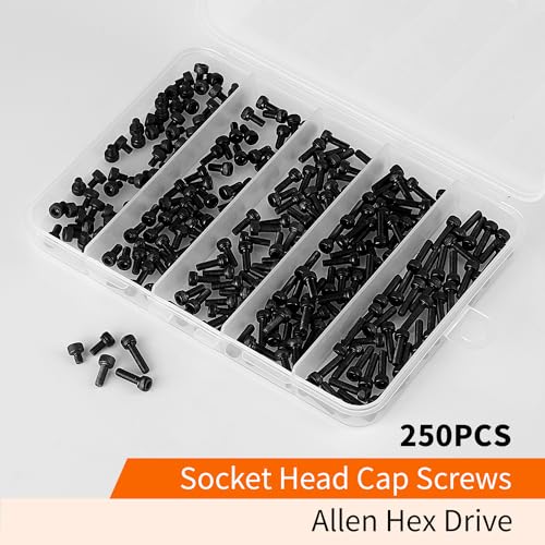 M3 x 4mm 6mm 8mm 10mm 12mm Hex Socket Head Cap Screws Bolts, 12.9 Grade Alloy Steel, Black Oxide Finish, Metric Allen Hex Drive, Machine Fully Threaded, Assortment Kit 250PCS - size: M3 x 4/6/8/10/12mm (250PCS)