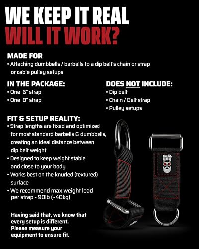 THEFITGUY Dumbbell Loading Straps for Dip Belt & Cable Pulley | Secure attachment of any dumbbell or barbell, ultra-strong 6" & 8" straps included