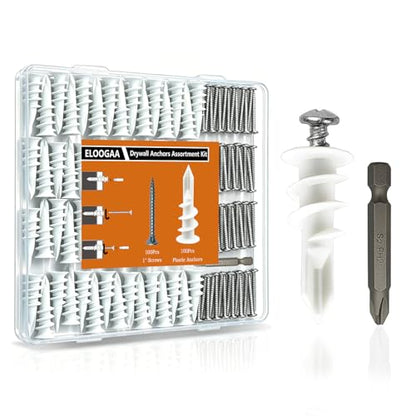 200Pcs Drywall Anchors and Screws Kit, 100Pcs Self-Drilling Plastic Wall Anchors with 100Pcs #8 Phillips Screws & PH2 Bit, Heavy Duty Anchors for Hanging Pictures, Shelves, Home Mounting - size: 1 Inch