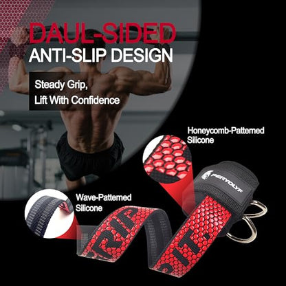 Double-Side Anti-Slip PERYOLYF Lifting Straps with D Ring - Adjustable Gym Straps for Deadlifts, Weightlifting & Cable Machine - Thick Wrist Support for Men & Women - color: Red