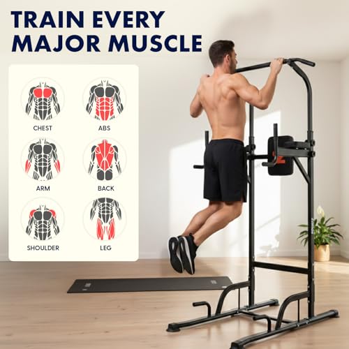 SQUATZ Power Tower Pull Up Station with Free Standing Pull Up Bar, Multi-Grip Workout Frame with 6 Adjustable Heights, H-Base Stability, Steel Construction, 330 lb Capacity for Home Gym, Black
