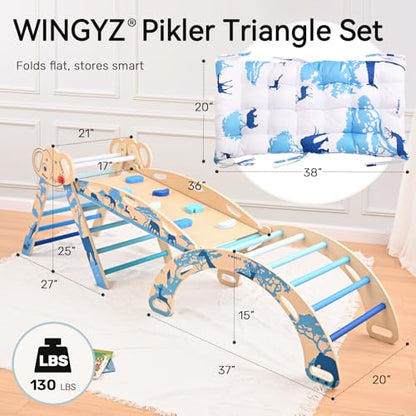 WINGYZ Pikler Triangle Set, Montessori 8-in-1 Foldable Climbing Set | Reversible Animal Slide, Patent-Protected Jungle Gym, Safe 2.35in Gap, ASTM F963 Standards for Toddlers 18M-5Y, Blue - color: Blue