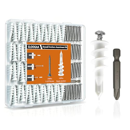 200Pcs Drywall Anchors and Screws Kit, 100Pcs Self-Drilling Plastic Wall Anchors with 100Pcs #8 Phillips Screws & PH2 Bit, Heavy Duty Anchors for Hanging Pictures, Shelves, Home Mounting - size: 1.37 Inch