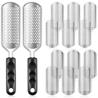 Moxweyeni 14 Pack Colossal Foot File Pedicure Tools Sets with 2 Styles Large and Small Hole Replacement Callus Remover Blades, Stainless Steel Detachable Pedicure Foot Rasp for Dead Skin Remover - color: Silver