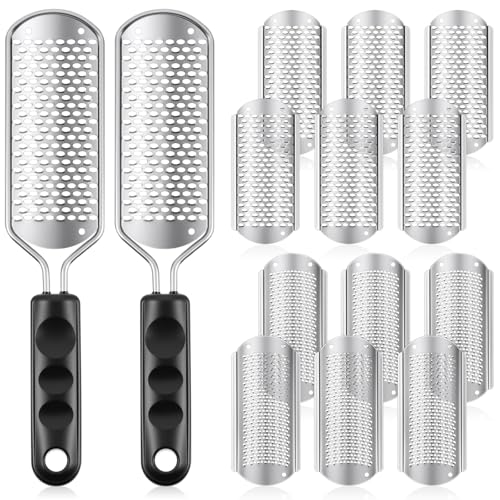 Moxweyeni 14 Pack Colossal Foot File Pedicure Tools Sets with 2 Styles Large and Small Hole Replacement Callus Remover Blades, Stainless Steel Detachable Pedicure Foot Rasp for Dead Skin Remover - color: Silver