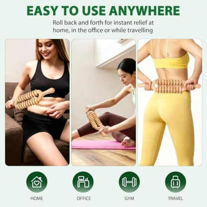 Liitrton Wooden Massage Roller for Legs, Double Row Massage Roller Stick | Smooth Body Roller, Wood Therapy Massage Tools for Trigger Points Relief, Sore Muscle Recovery - color: Double-9‑wheel