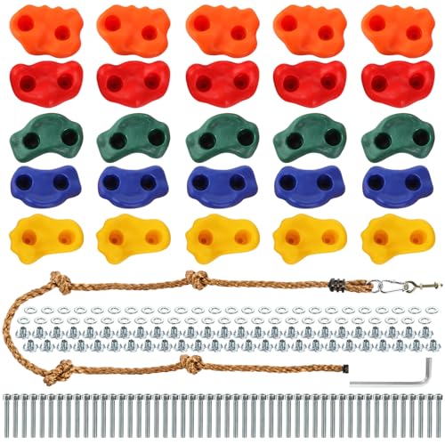 25 Packs Rock Climbing Holds, Indoor & Outdoor Rock Wall Climbing Kit, Multi-Colored Climbing Rock Wall Grips with Mounting Hardware, Knotted Rope（Added 4 Sets of Spare Screws）