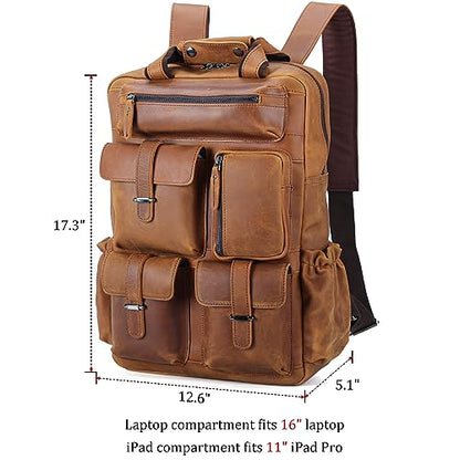 Polare Cowhide Leather Multiple Laptop Backpack Day Pack Travel Bag Satchel For Men - color: Light Brown