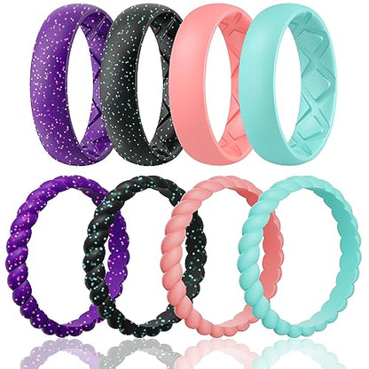 Egnaro Women's Stackable Silicone Rings, 2.5/5.5mm Wide 1.8/2mm Thick Bands | Comfort-Fit Rubber Bands Offer Breathable Flexibility for Nurses, Workouts, Pregnancy, Yoga, Travel, Office, and All-Day Wear - color: SETB8-Purple Sparkle, Black Sparkle, Faint