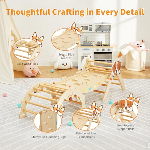 7-in-1 Collapsible Climbing Triangle Climbing Set for Toddlers, Wooden Indoor Jungle Gym Playground with Arch, Ramp & Ladder, Space-Saving, Toddler Climbing Toys, Natural Wood Color - color: Wooden Frame