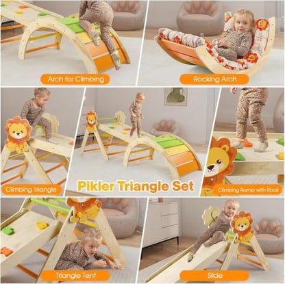 Pikler Triangle Set with Cushion, 7 in 1 Toddler Climbing Toys Indoor | Foldable Space-saving Design, Montessori-inspired Learning, Reversible Slide & Ramp, ASTM F963 Standards for Toddlers 18M-5Y - color: Lion