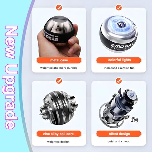 EXBEPE Metal Torque Ball with Light, Weighted Auto-Start Gyro Ball Hand Wrist Forearm Trainer and Strengthener for Exercise Joint and Muscle with Bag - color: Silver