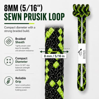 8mm (5/16") Sewn Prusik Loop 18 Inches / 24 Inches - Ideal for Arborist, Firefighting, Rigging, and Rescue Gear Dark Green | 24 inch | Pack of 3 - color: Dark Green | 24 Inch | Pack of 3