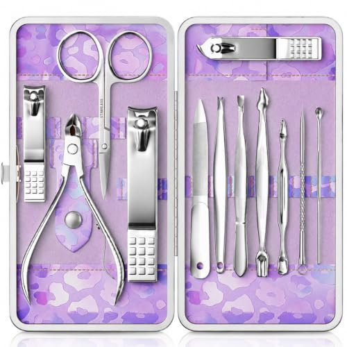 Manicure Set, Stainless Steel Nail Clipper Set with Travel Case | 12-Piece Set with Thicker Steel, Precision-ground Cutting Edges, and Smooth-finished Tools for Clean, Precise Trimming. - color: Silver and Purple