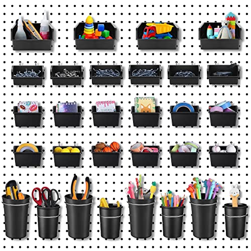 Roowest 60 Pcs Pegboard Cups Pegboard Bins Set, Wall Organizer with Hooks and Loops, Hooks Assortment Organizer Accessory for Office Storage Garage Craft Workshop(Black) - color: Black