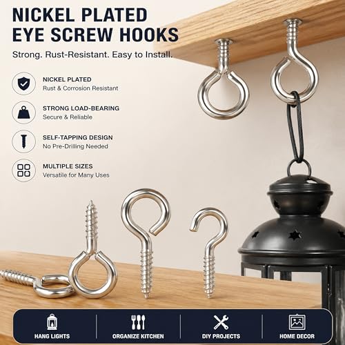 265-Piece Zinc-Plated Screw Eyes & Hooks Assortment Kit, 11 Sizes Self-Tapping Metal Eyelet Screws, 3/4"–2-1/16" for Hanging, Crafts & DIY