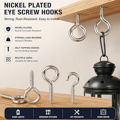 265-Piece Zinc-Plated Screw Eyes & Hooks Assortment Kit, 11 Sizes Self-Tapping Metal Eyelet Screws, 3/4"–2-1/16" for Hanging, Crafts & DIY