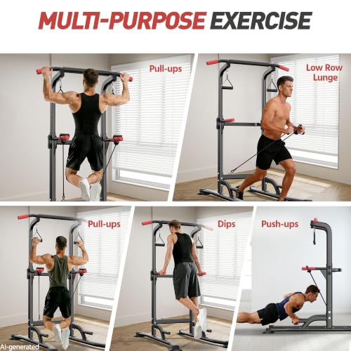 Power Tower Pull Up Bar Station, 350LBS Heavy Duty Multi-Function Alloy Steel Stable Dip Station for Home Gym Strength Training, Adjustable Height Workout Equipment with Resistance Bands