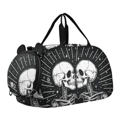 Kids Sports Duffel Bag for Boys & Girls - Two Skeletons Skull Heart 100% Polyester Gym Bag with Separate Shoe Compartment, Adjustable Shoulder Strap, Compact Travel & Workout Gear Bag - color: Two Skeletons Skull Heart