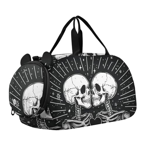 Kids Sports Duffel Bag for Boys & Girls - Two Skeletons Skull Heart 100% Polyester Gym Bag with Separate Shoe Compartment, Adjustable Shoulder Strap, Compact Travel & Workout Gear Bag - color: Two Skeletons Skull Heart