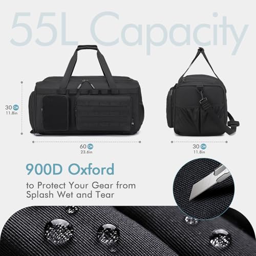 Tactical Gym Bag for Men 55L Sports Duffel Bags 3 in 1 Travel Duffel Bag with Shoe Compartment Waterproof Workout Backpack Carry On Bag for Overnight Weekender Travel Black - style: 55l-black