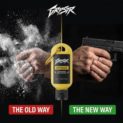 GRPSAUCE Liquid Chalk Alternative for Shooting Sports | Clear Drying Grip Enhancer for Pistols & Rifles | Non-Corrosive, Gun-Safe | No Chalk Residue | Competition Ready | 50ml Carabiner Clip Bottle