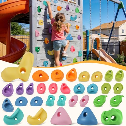 32 PCS Rock Climbing Wall for Kids,Rock Wall Climbing Holds,Adults Climbing Wall Grip Kits Holds Up to 230 lbs for Outdoor Indoor Home Playground Climbing Wall Holds（Pastel Color） - color: 32 Pcs-pastel Color